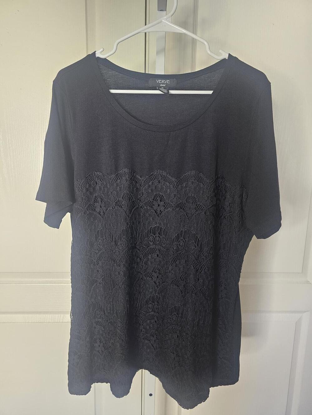 Verve Black Lace Front Short Sleeve Top Plus Size 1X